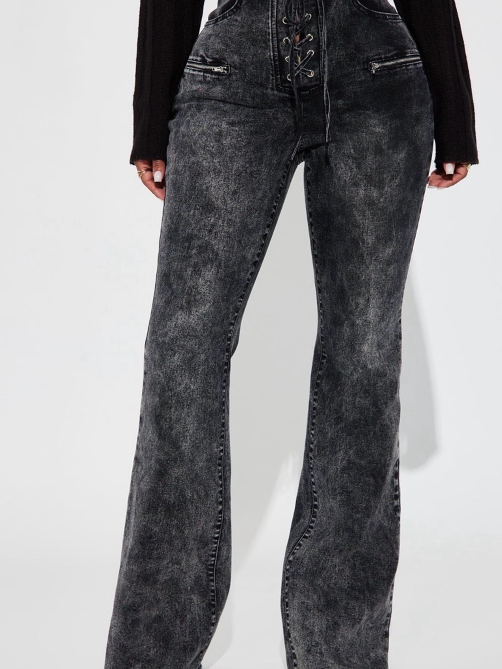 Fashion Nova Washed Black Lace-Up Flare Jeans